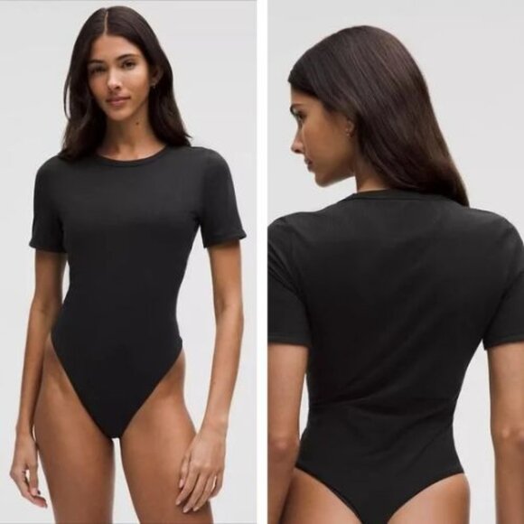 NWT Lululemon Stretch Cotton Rib Crewneck SS Bodysuit Thong Size XL (BLK) - Picture 1 of 15